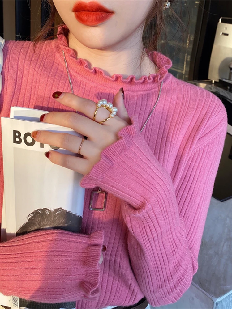 Mock Neck Women Sweater Ruched Solid 2022 Autumn Winter Fashion Sweater Women Slim Casual Knitted Pullovers Pink White