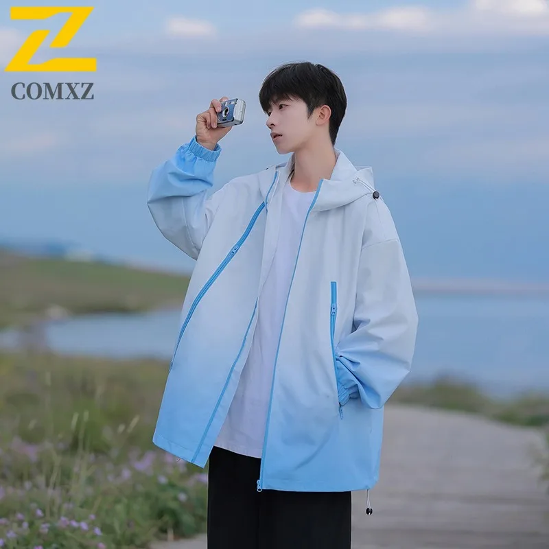 

COMXZ Мужская куртка Осенняя уличная дорожная ветровка с капюшоном Куртка осенняя модная свободная посадка градиентного цвета повседневная рабочая одежда пальто