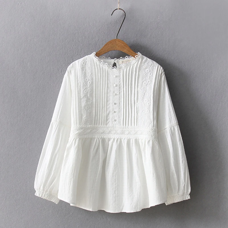 Spring autumn Mori Girl Casual tops Women clothing White Long Sleeve Cotton Embroidery Elegant Ladies shirts & blouses U185