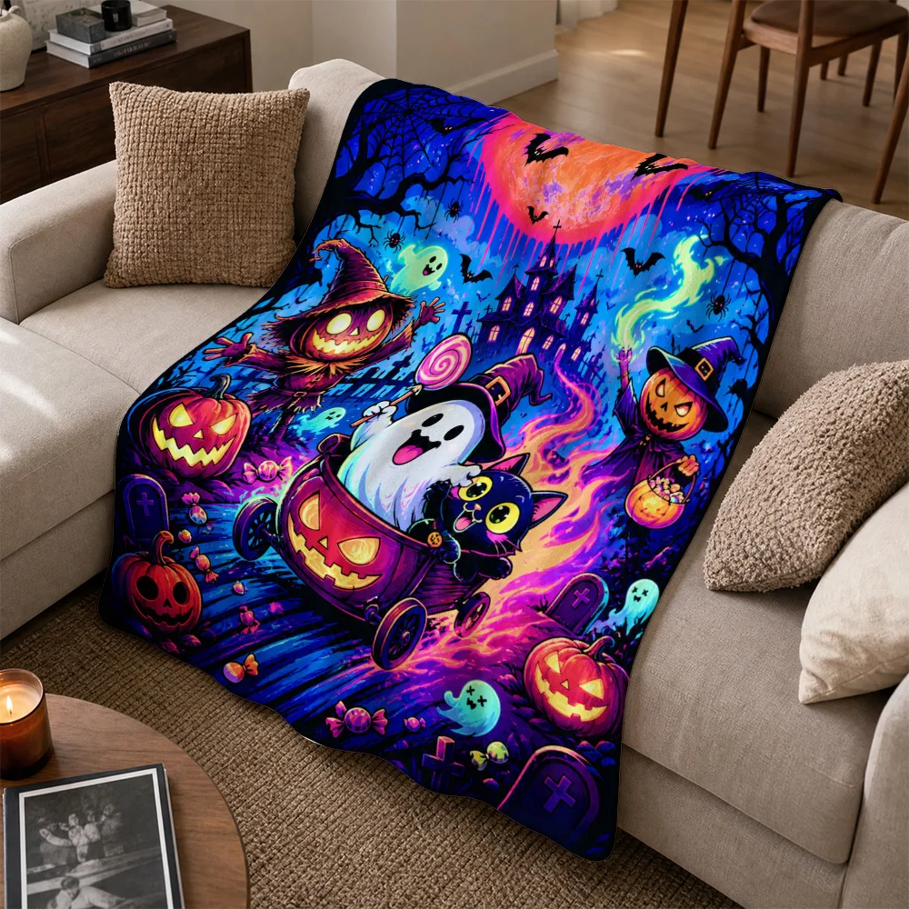 Spooky Halloween Ghost Pumpkin Throw Blanket Couch Throw Fall Autumn Seasonal Decor Haunted House Trick or Treat Fleece Bed Cove