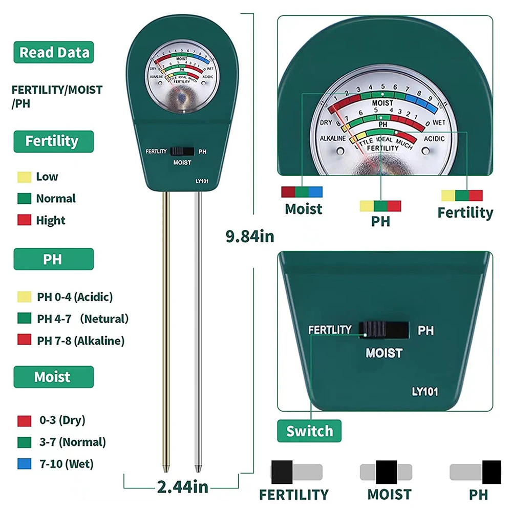 3 IN 1 Soil PH Meter Sunlight PH Tester Garden Flowers Moisture Sensor Plants Acidity Humidity PH Meter Tool with backlight