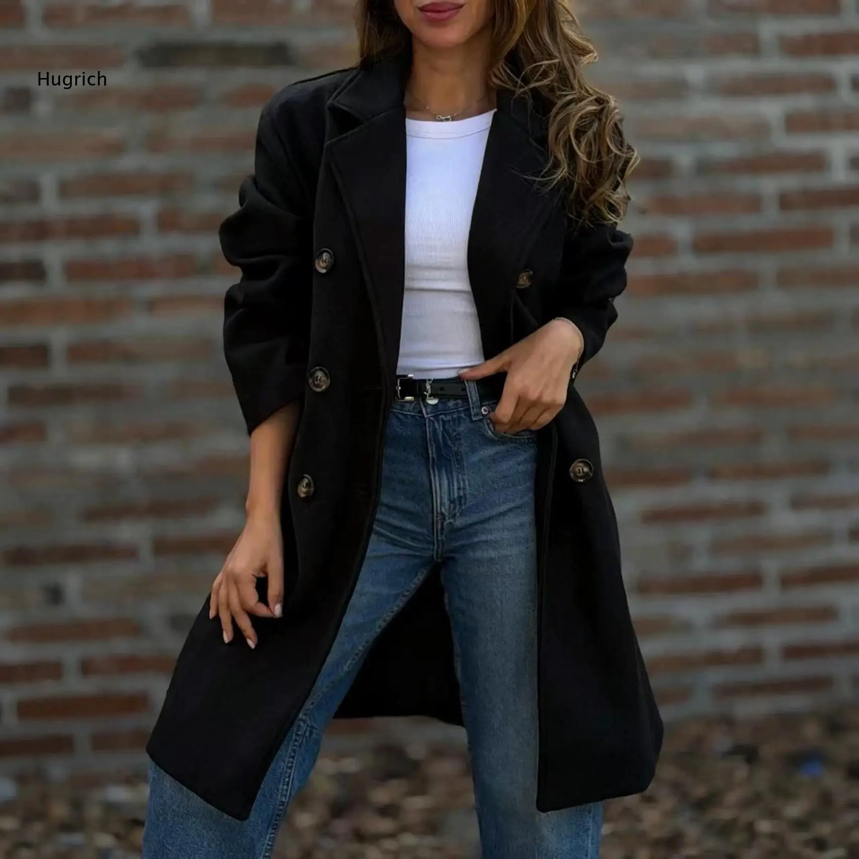 Women's Double Breasted Long Coat Notched Lapel Belted Wool Blend Trench Overcoat Classic Office Lady Outerwear Jacket for Autum