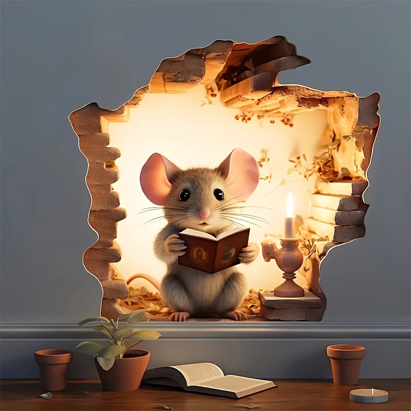 3D Reading Mouse Wall Stickers Cute Cartoon Animal Pattern Vinyl Decals Living Room Bedroom Bathroom Office Home Decoration