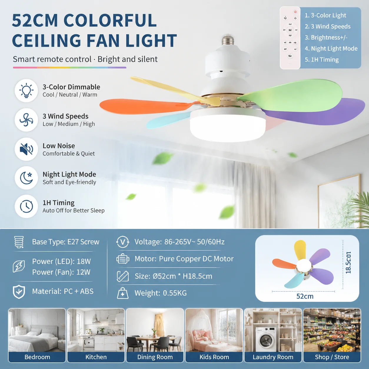 LED Colored Six-Leaf Flower-Shaped Fan Light with E27 Socket, Dimmable, Removable, New Home Fan Light