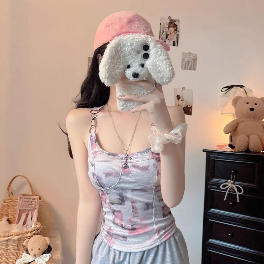 Novedad de verano, chaleco con tirantes estampados en color azul y Metal de seda de hielo Pure Desire Intercomado con almohadilla para el pecho, algodón versátil U-Ne ort...