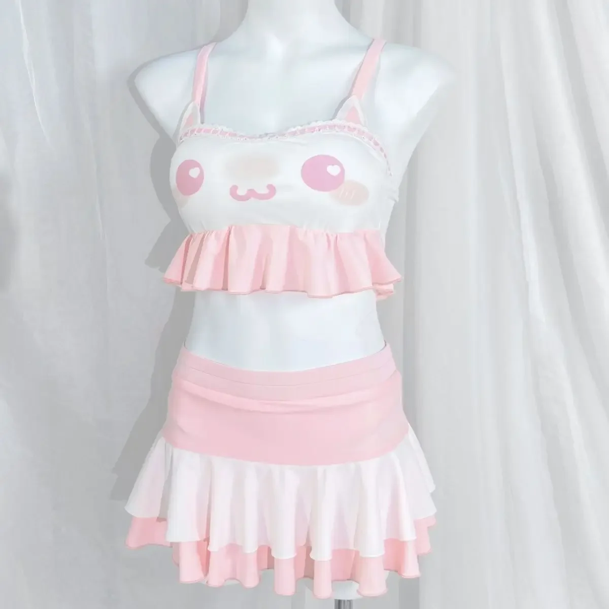 

Japanese Women Y2k Sweet Bikini Set Japanese Kawaii Print Ruffles Lolita Swimsuit Crop Top + Skirt Two Piece Swimwear Beach Wear