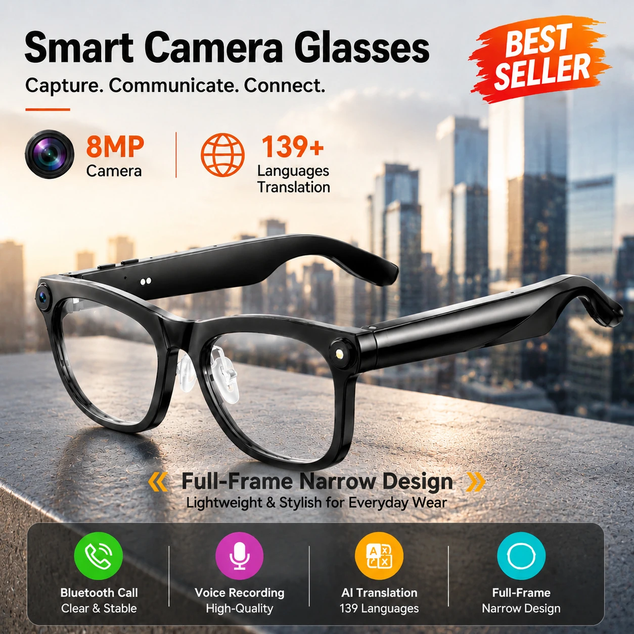 New M02C HD AI Smart Glasses Blue-tooth Call Voice Assistant Control Chat GPT 8MP Camera AI Translation Outdoor Sport Sunglasses