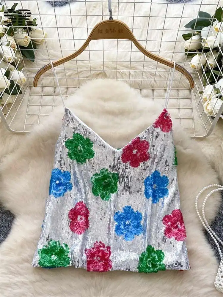 

BabYoung Sequined Sexy Camis Women Sleeveless V Neck Camisole Streetwear Slim Colorful 2025 Summer Shinny Basics Hot Tops