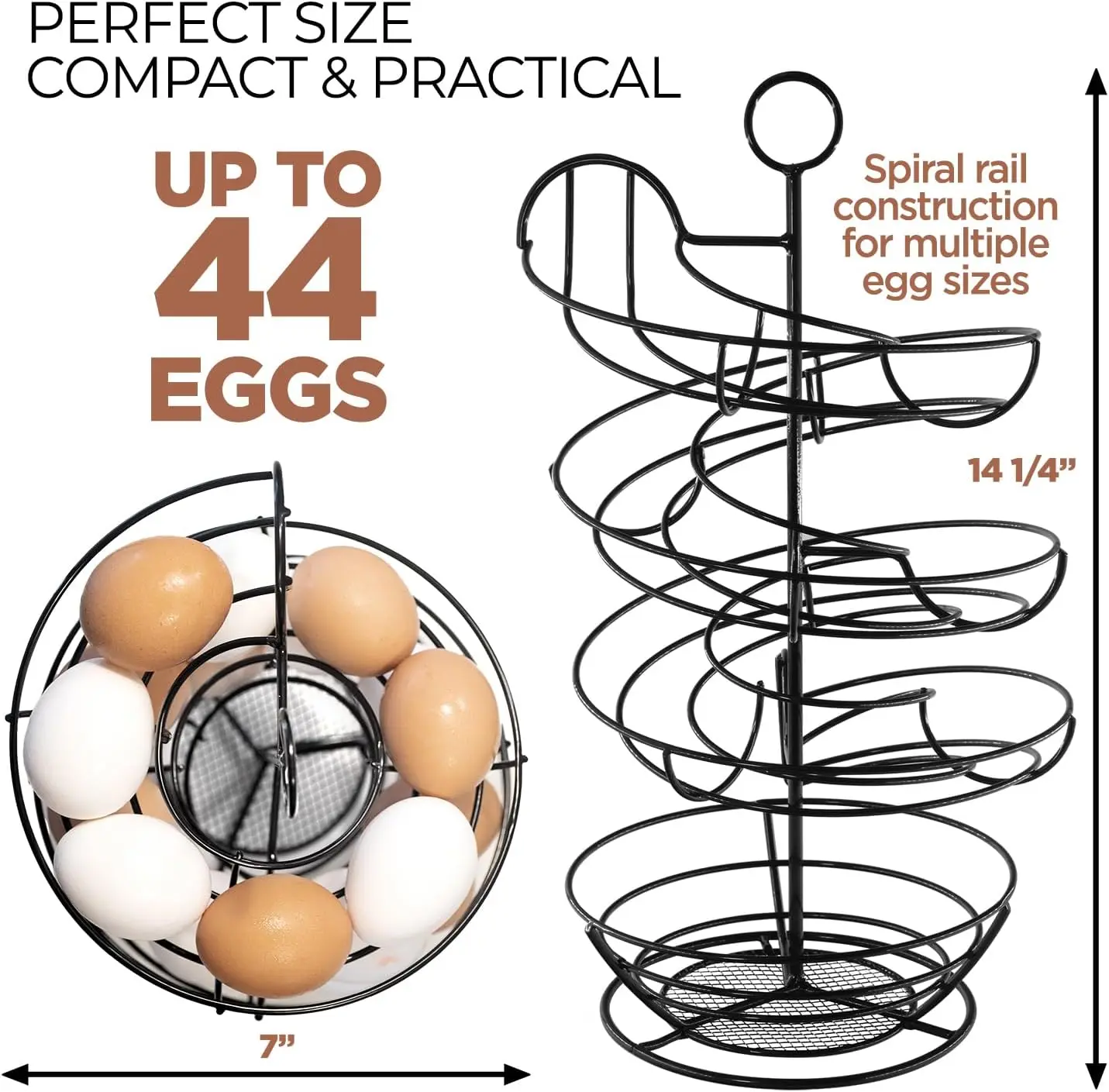 Spiral Egg Skelter Holder for Countertop Large Capacity Fresh Egg Storage with Basket Holds Up 3 Dozen Eggs Metal Dispenser Rack