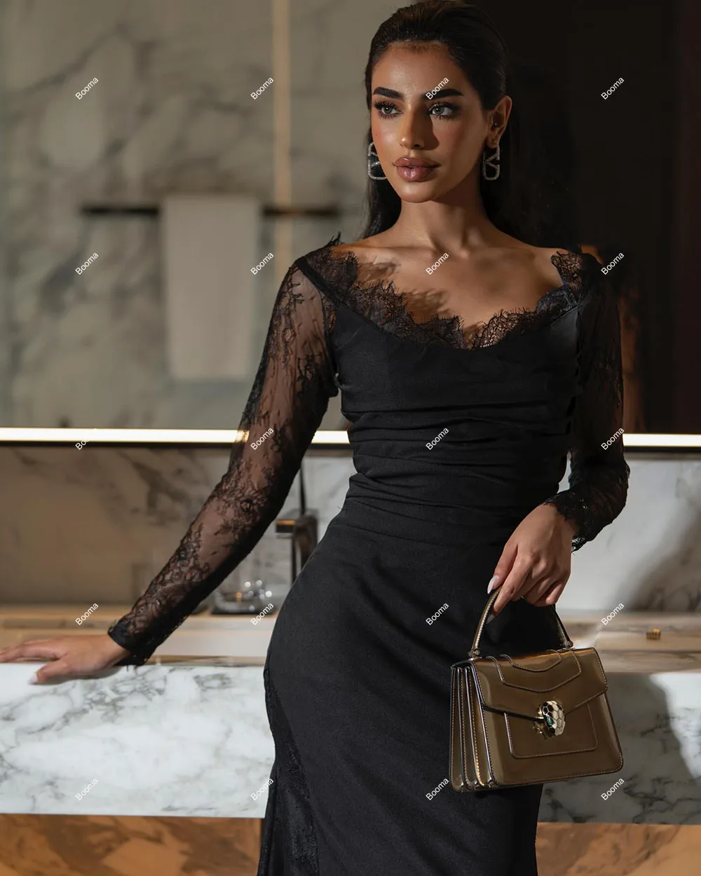 Booma Black Mermaid Evening Dresses Satin Lace Full Sleeves Formal Occasion Dress for Women Lace Up Party Prom Gowns Dubai