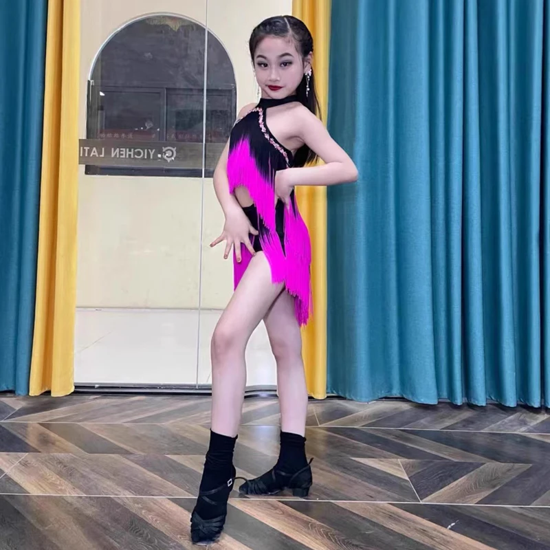กระโปรงเด็ก Latin Ballroom Tango Dancewear ใหม่สีชมพูสีดํา Latin Fringes เต้นรําเครื่องแต่งกายหญิงละตินพู่ชุด