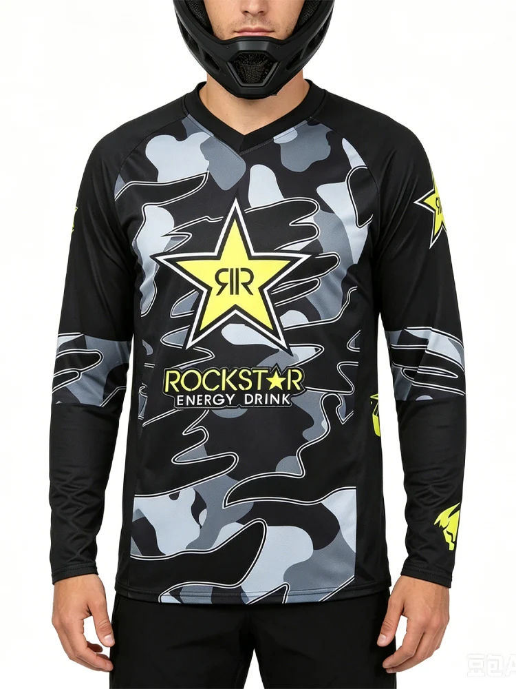 AliExpress NONE Men's Retro Camo Star Graphic Mtb Jersey Breathable Lightweight Performance Long Sleeve Off-Road Motorcycle Racing Top