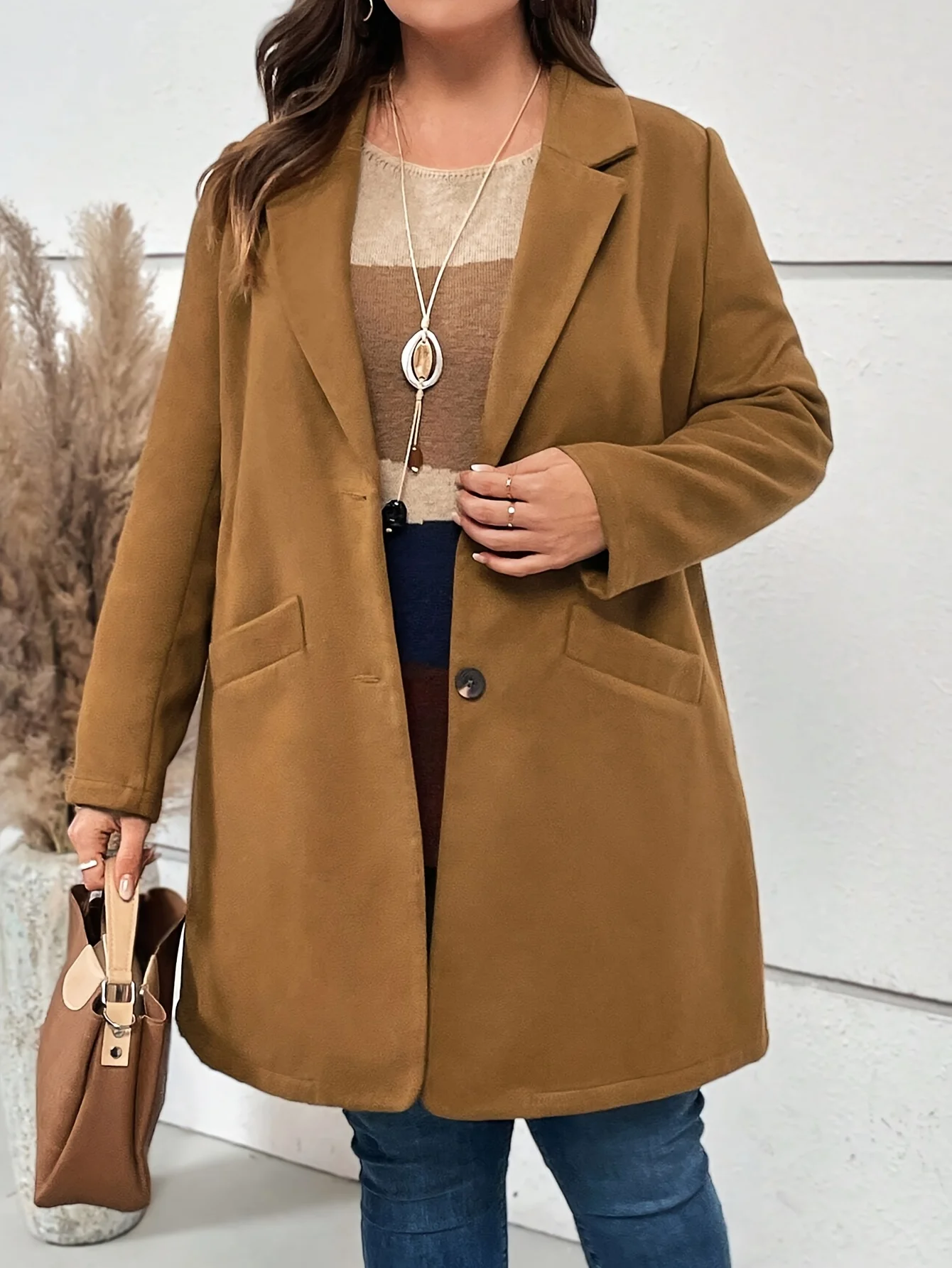 Manteau à col femme marron clair élégant grande taille