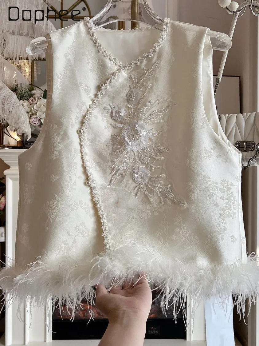 

Новый жилет в китайском стиле в стиле ретро с бусинами и блестками, цветочной вышивкой, высококачественная куртка без рукавов с перьями из бисера, осенне-зимний жилет, топ