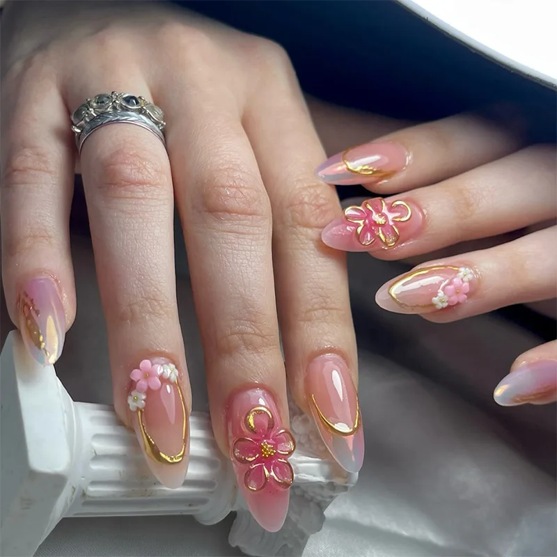 

24PCS 3D Flowers Sweet Almond False Nail Tips with Glue Golden Patterns Pink Blush French Fake Nails for Women Wearable Press On