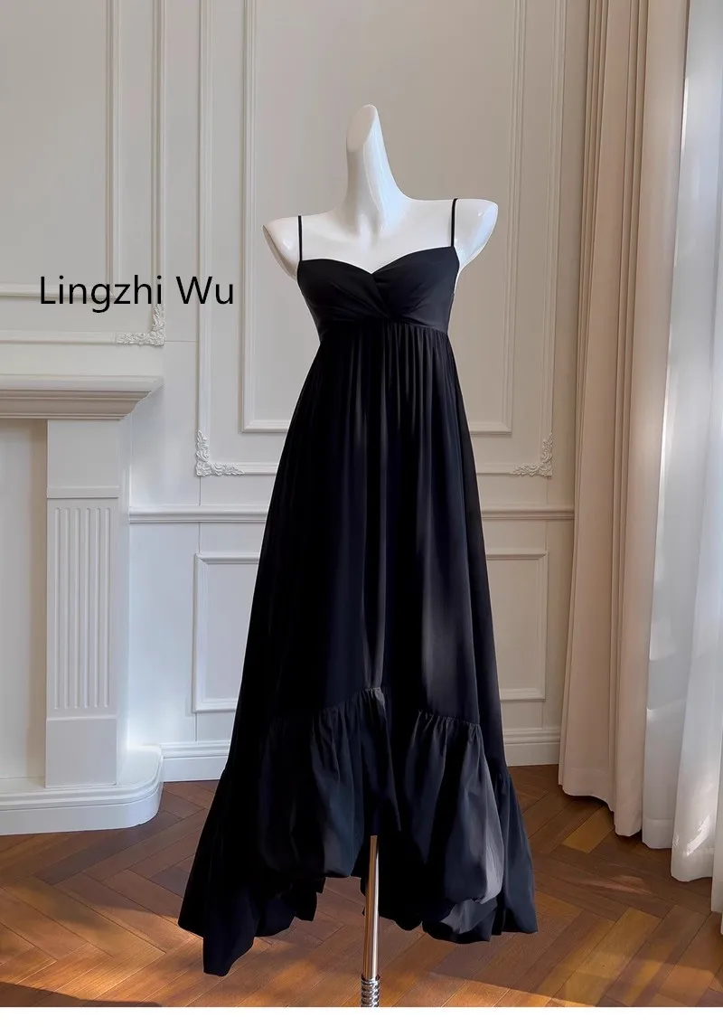 Lingzhi Wu French V-Neck High Waist Spaghetti Strap Long Dresses Black Sexy Ladies Formal Loose Waist Holiday Vestidos