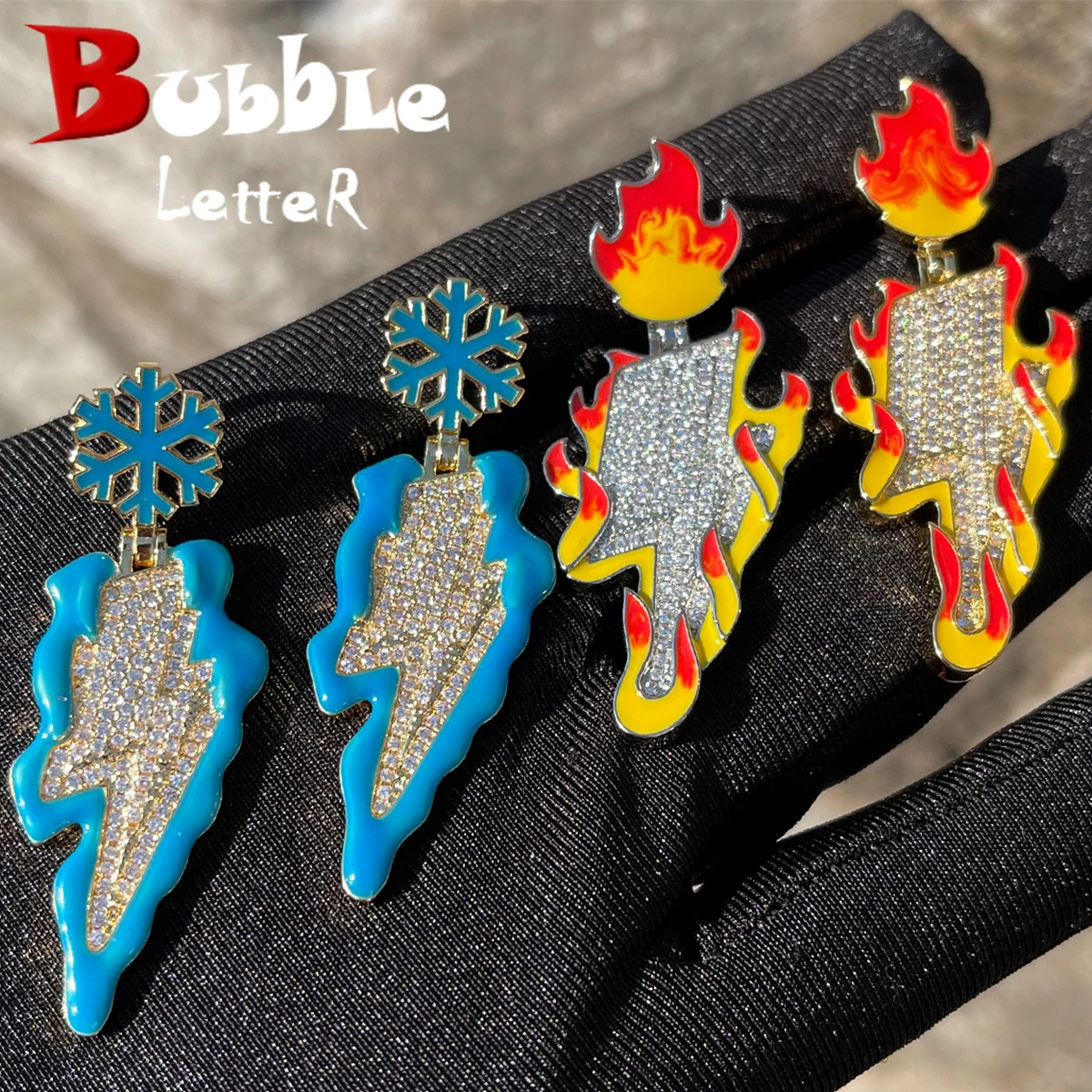 

Bubble Letter Snow Fire Lightning Pendant for Men Dripping Oil Prong Setting Necklace Hip Hop Jewelry