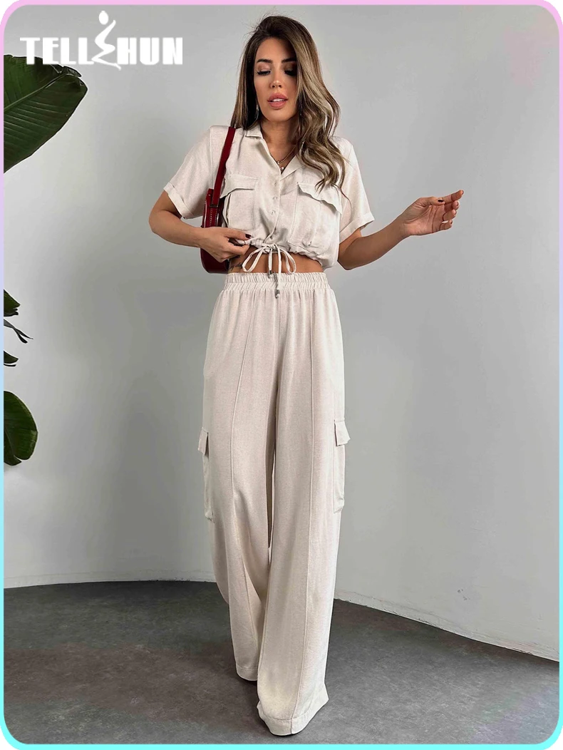 two pieces Set fashion clothes for women\'s Short Tops High Waist Wide Leg Trousers casual streetwear Female Pants Sets outfits