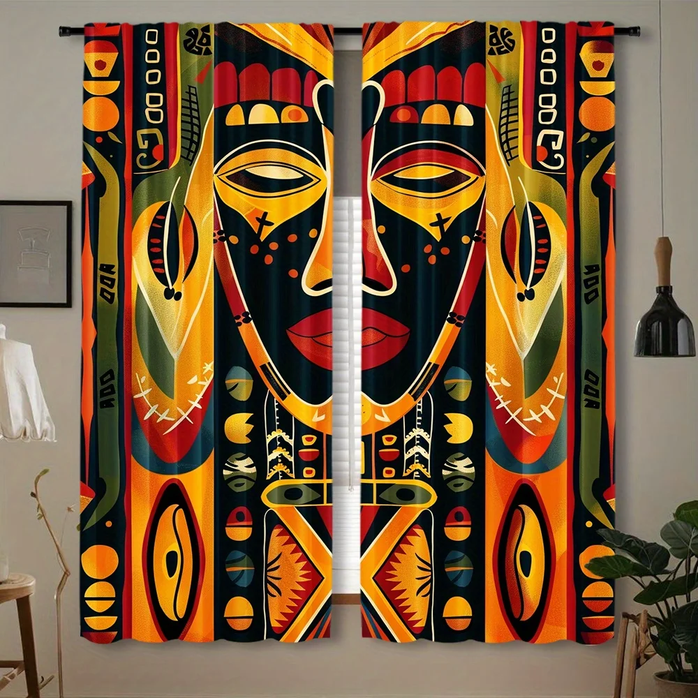 African Tribal Mask Curtain, Ethnic Abstract Face Window Drape, Boho Vintage Home Decor for Living Room, Geometric Art Fabric