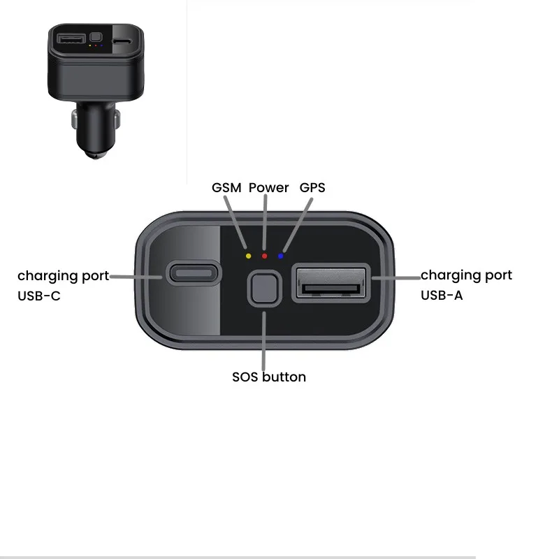 USB Type-C Dual Two Fast Charging Ports for Phone 4G Tracking Device Hidden Spy SOS Anti-Theft Cigarette Lighter Car Charger GPS