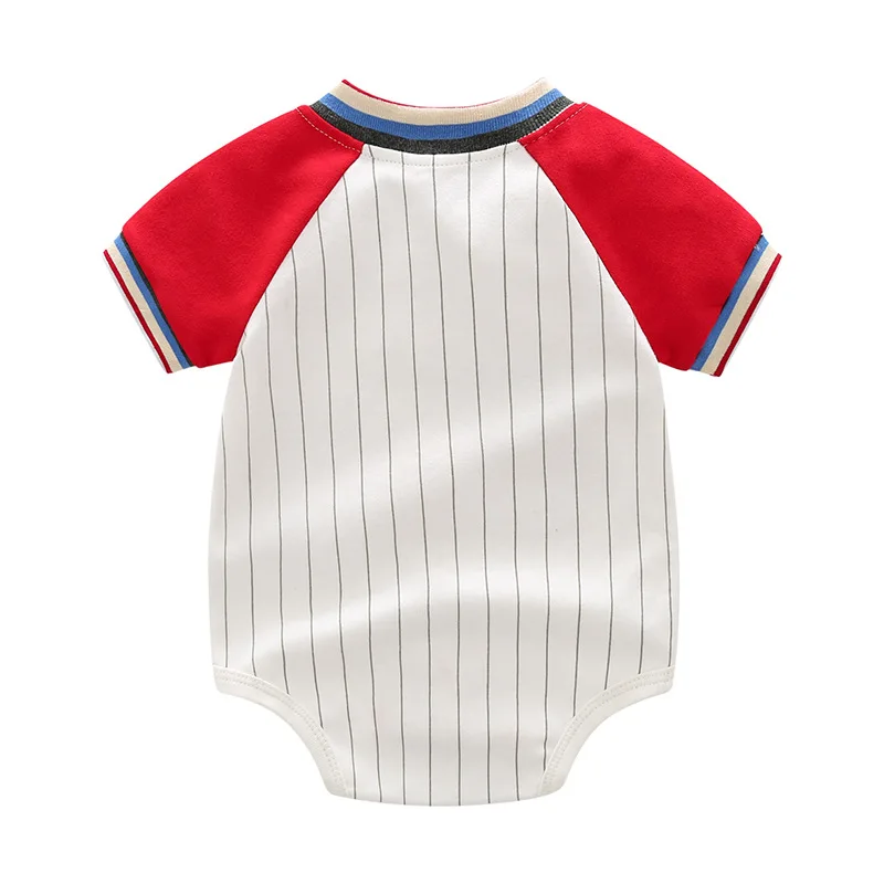 Newborn Infant Color Block Baseball Romper Short Sleeve Stripe Letter Embroidery Bodysuit Onesies For Baby Boys Toddler Clothes