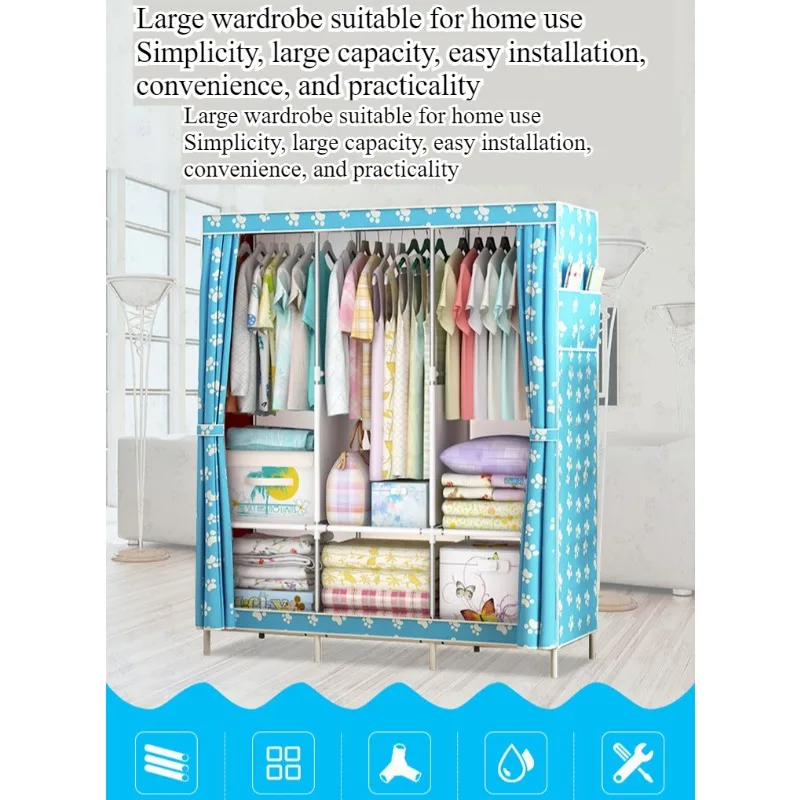 Armario de tela moderno y sencillo con estructura de tubos de acero, para colgar ropa individual o doble, ideal para dormitorio.
