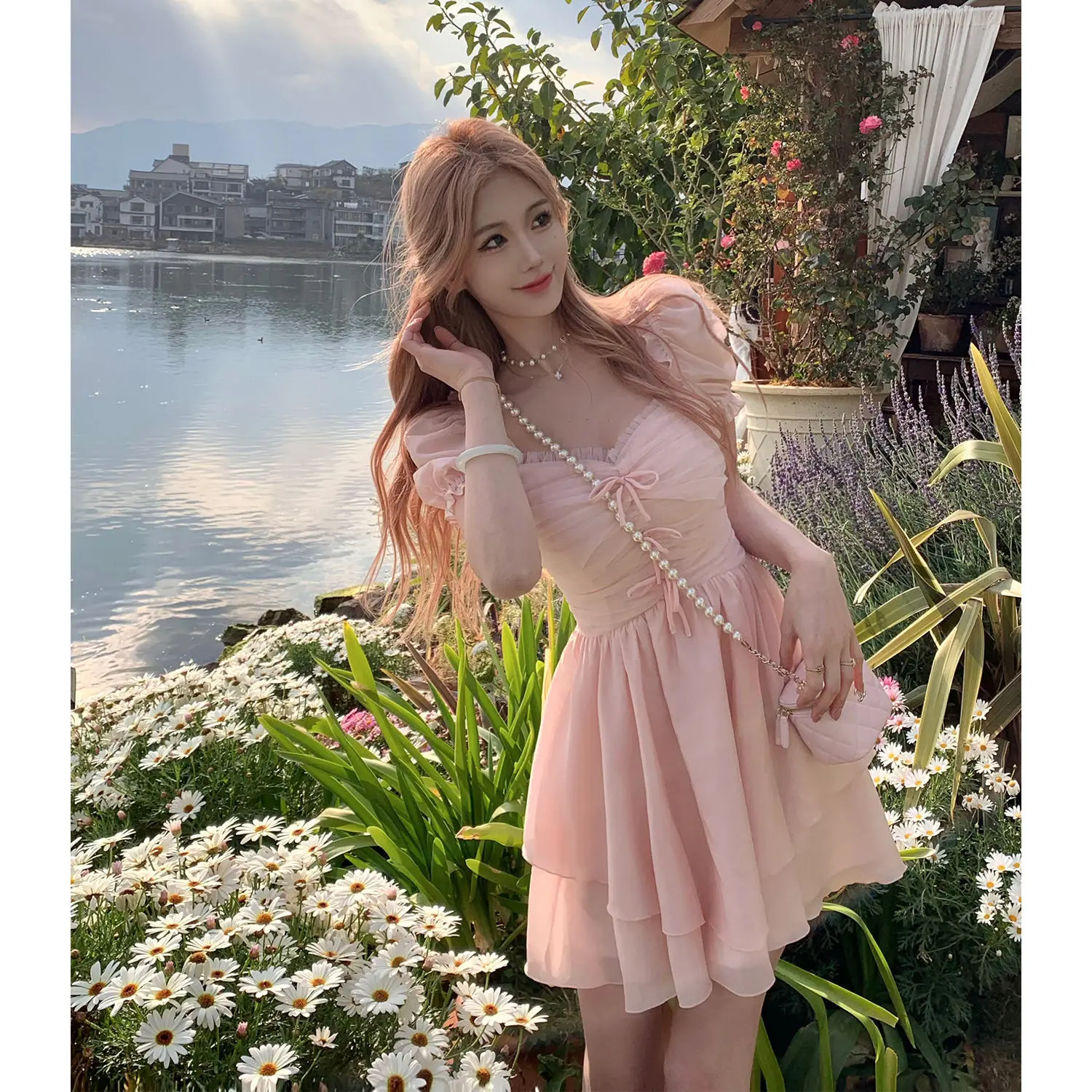 

Summer Sweet Bow Chiffon Dress Vintage Fairy Irregular Square Collar Dress Sundress Princess Mini Pink Holiday Dress Vestido New