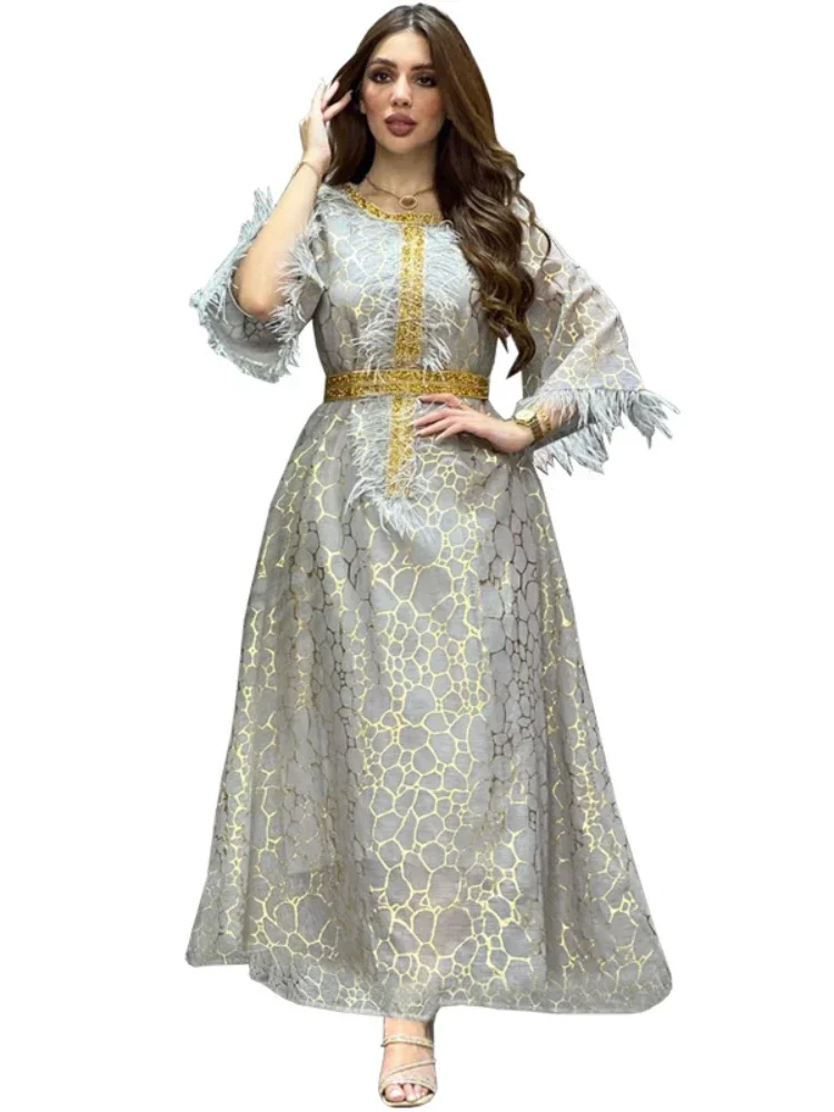 Autumn Islamic Clothing Muslim Dress Women Dubai Turkey Long Robe Kimono Sequin Ethnic Style Seven-point Sleeve Feather Dresses