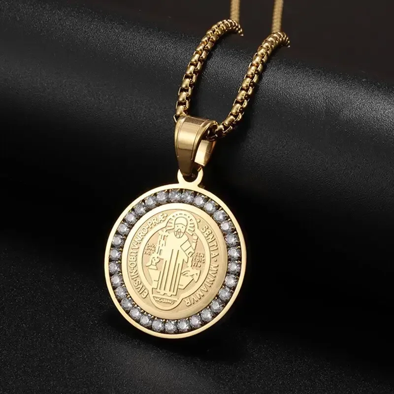 Hip hop gelado san benito san benito medalha sagrada pingente jesus colar amuleto religioso jóias para homem e mulher