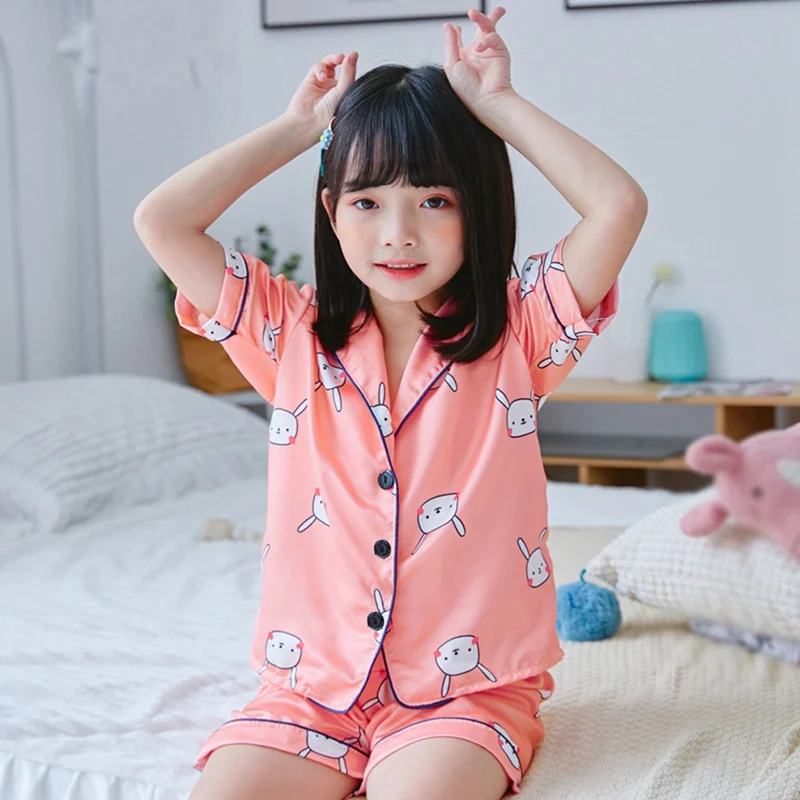 1-6T Summer Children Pajamas for Boys and Girls Sleeping Clothes Sets Cute Cartoon Printed Ice Silk Shirt Top + Pants Sleepwear