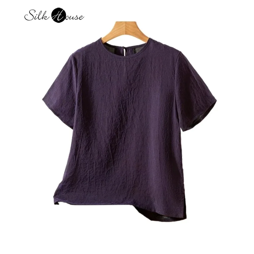 

Women's Fashion Clothing 100% Natural Mulberry Silk Gambiered Guangdong Gauze Craquelure Round Neck Short-sleeved Loose T-shirt