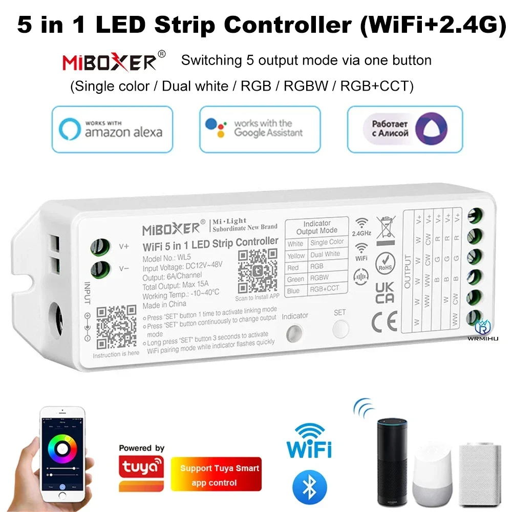 Miboxer WL5 2.4G 5 IN 1 WiFi LED Controller For Single color CCT RGB RGBW RGB+CCT Led Strip APP/TUYA /Third Party Voice Control