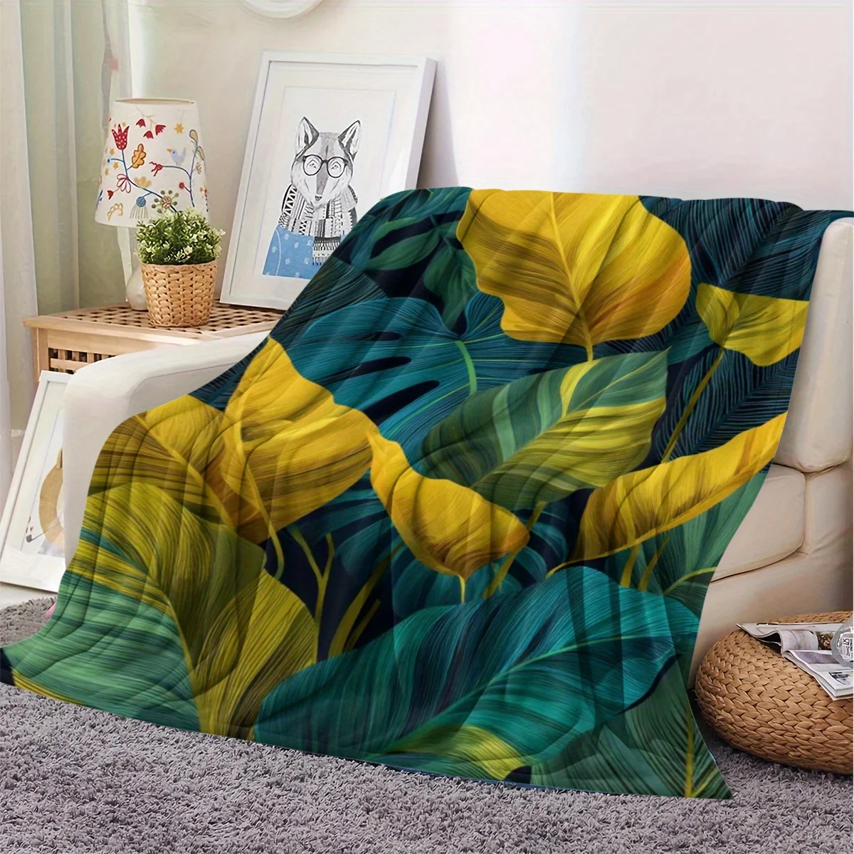 Exotic Tropical Foliage Blanket Bright Yellow Deep Cyan Monstera Palm Leaves Jungle Botanical Pattern Soft Flannel Throw Blanket
