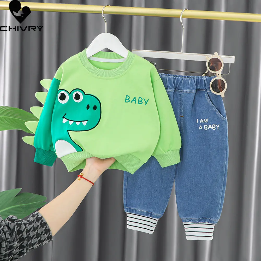 Jungen Mädchen Mode Kleidung Sets Neue 2023 Baby Junge Frühling Cartoon Tier Crew Neck Sweatshirt Tops mit Denim Hosen Kinder kleidung