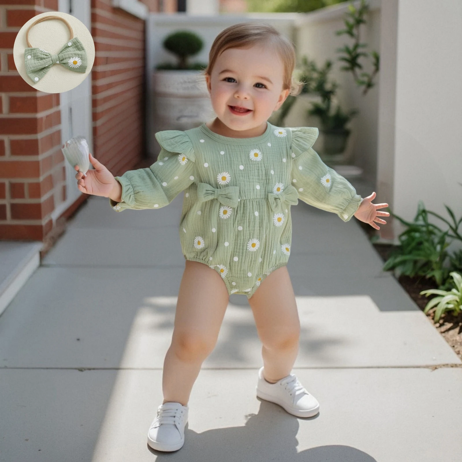 

Baby Girls Romper Autumn Infant Long Sleeve Daisy Print Round Neck Bow Jumpsuit Newborn Clothes Outfits
