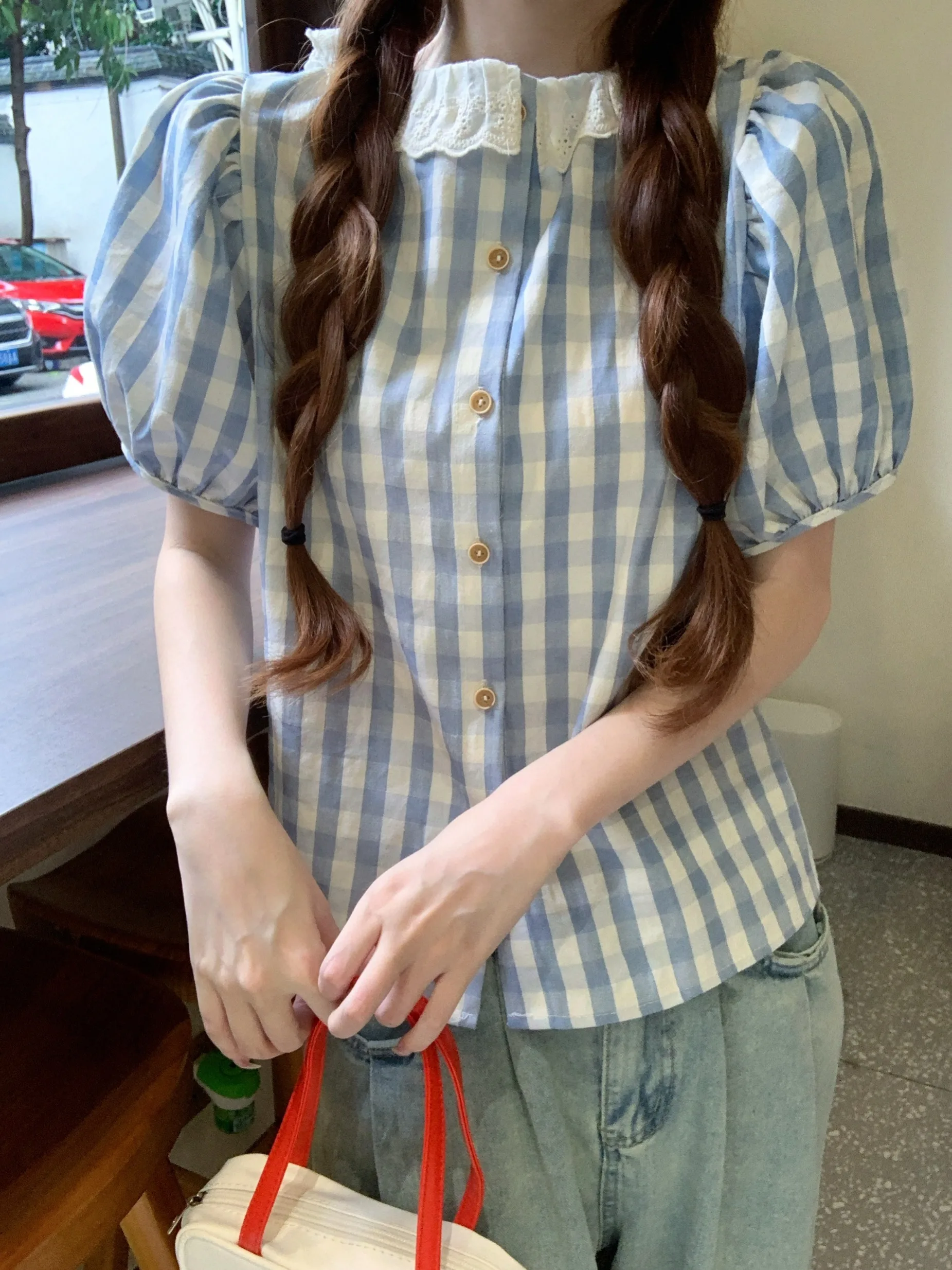 

Korean Sle Sweet Youthful Plaid ort Sve irt Women's Loose Slimming Summer College Sle Top Button Detail Bubble Sve