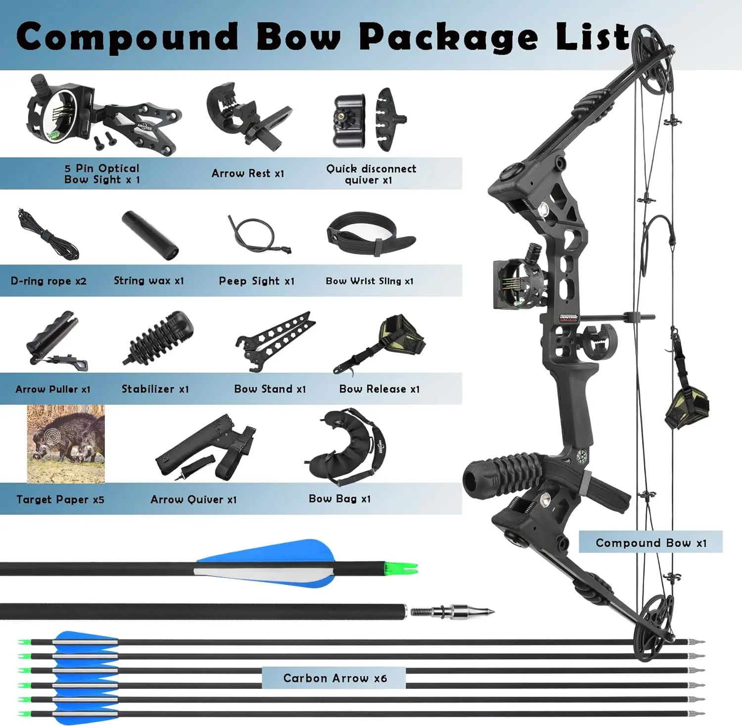 Left-Handed Black Compound Bow Kit,Hunting&Target,Limb Made in USA,Draw Weight 20-70lbs Adjustable,Draw Length 24-30