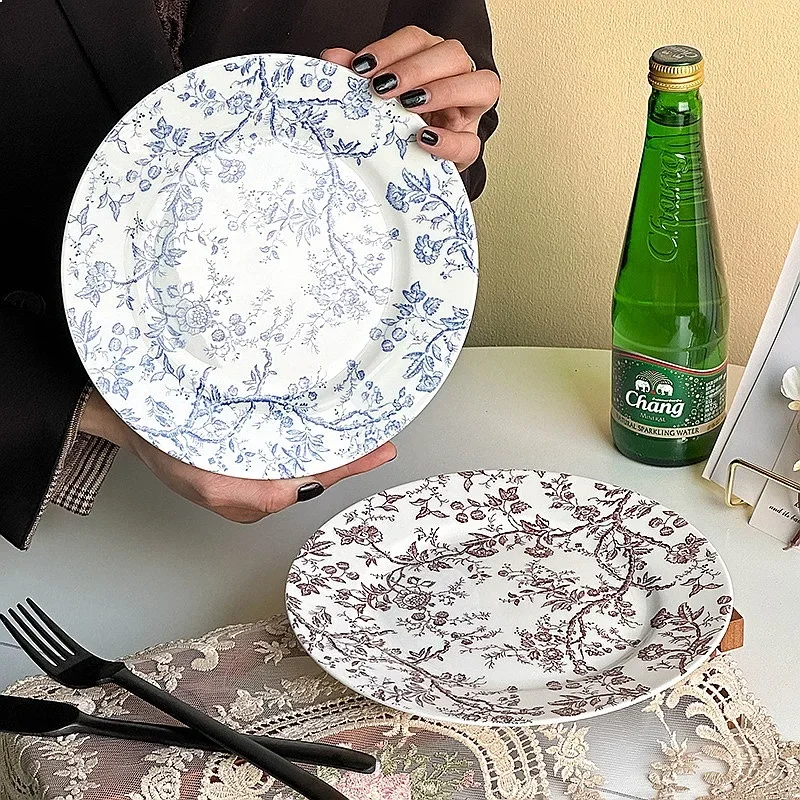French Vine Floral Plate High-End Light Luxury Dessert Plate Vintage Ceramic Dinner Plate Beautiful Cake Serving Tray
