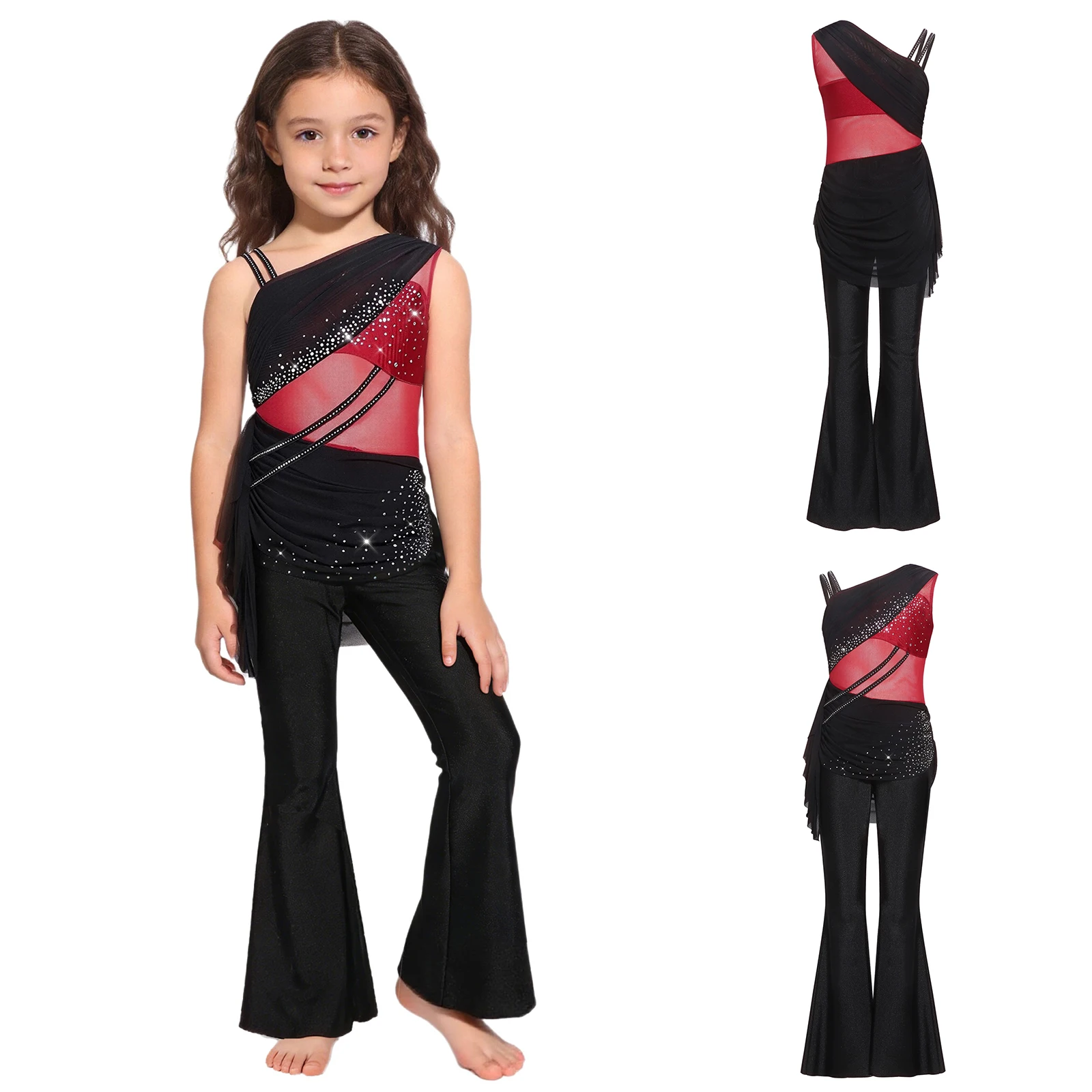6-16Y Girls Lyrical Dance Jumpsuit Rhinestones Mesh Overlay Flared Bodysuit for Figure Skating Gymnastics Acrobatics Latin Jazz