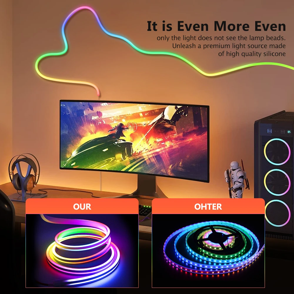 10M LED Neon Strip 12-24V DC RGBIC Neon Rope Light Waterproof Chasing Effect Multicolor Flexible Strip WiFi Bluetooth Remote