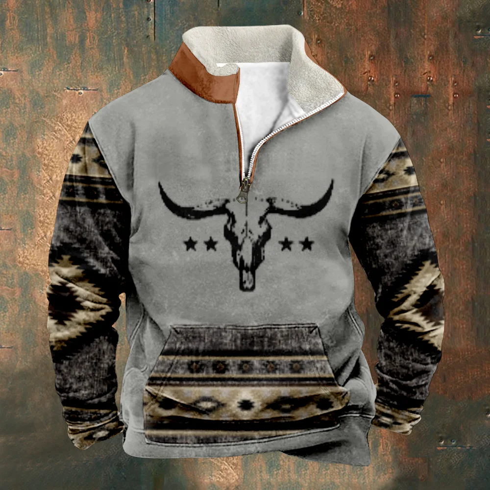 

Patchwork Men's Sweatshirt Big Oxhead Logo Sweatshirts Gray Long Sleeve Stand Collar Zipper Casual Pullovers