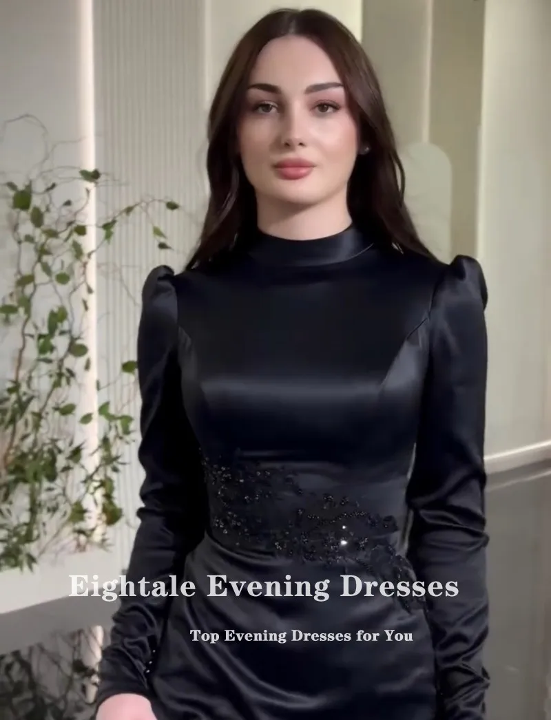 Eightale Arabic Wedding Dress Customized Black Appliques Bridal Gown Long Sleeves Muslim Mermaid Floor Length Bride Party Dress