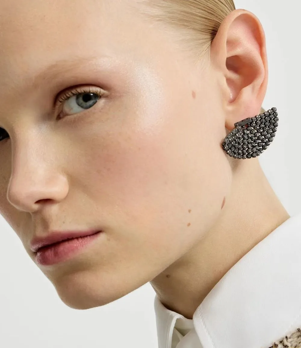 Hand-woven distressed-finish intricate fan-shaped stud earrings sophisticated artisanal jewelry for women