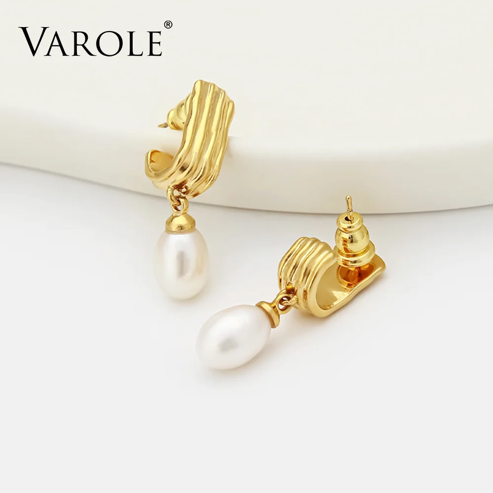 VALROLE Oval Pearl C-Hoop Earrings Gold Plated Brass Women Party Pendiente Boucle D'oreille Vintage Trendy Jewelry Gift
