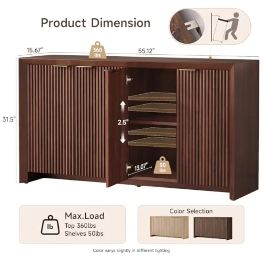 Modern fluted sideboard buffet cabinet for dining room, dark walnut wood, rich brown color, elegant texture and ample storage s
