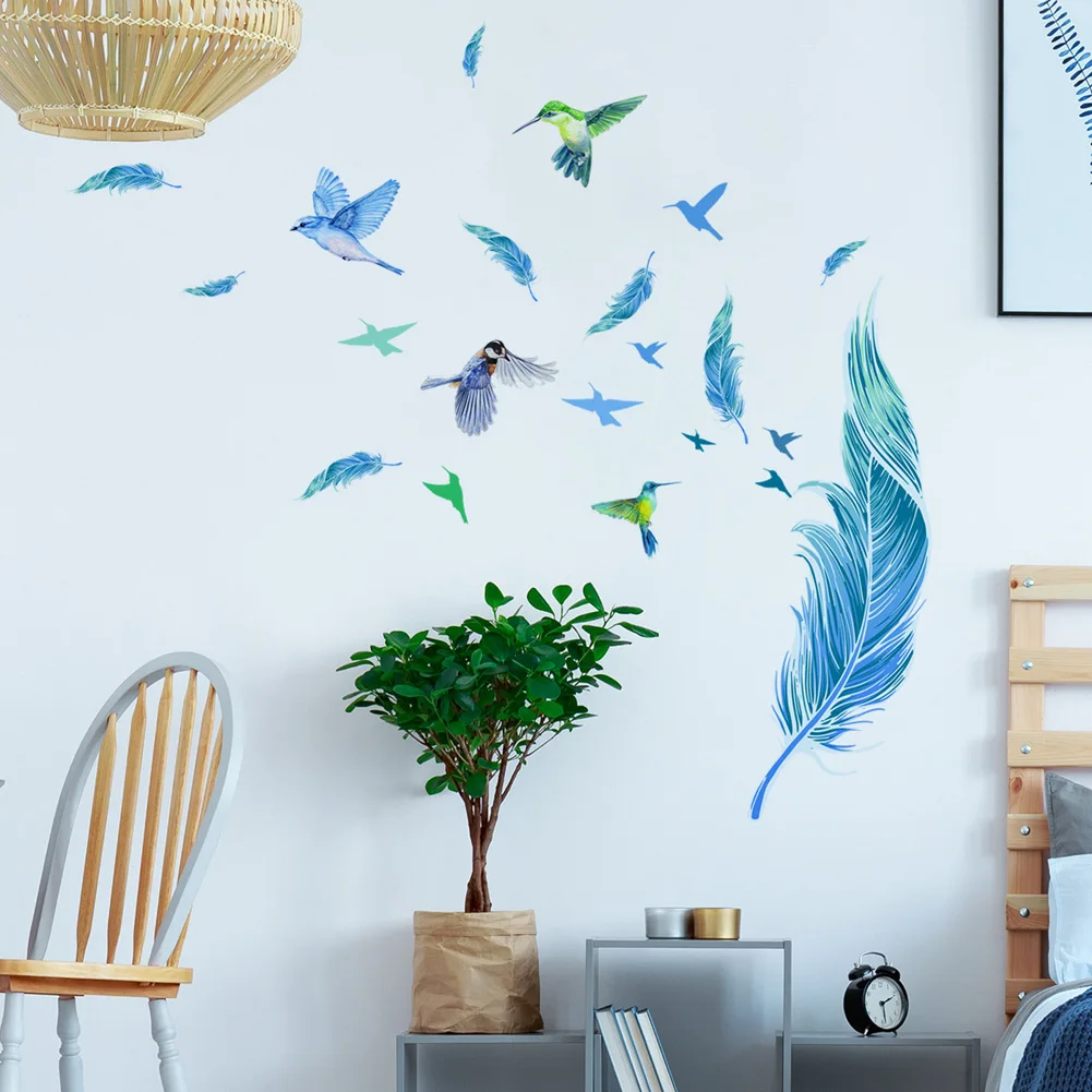 Creative Blue Feather Bird Wall Sticker For Bedroom Living Room Home Decoration Mural Self Adhesive Wallpaper Beautify Poster