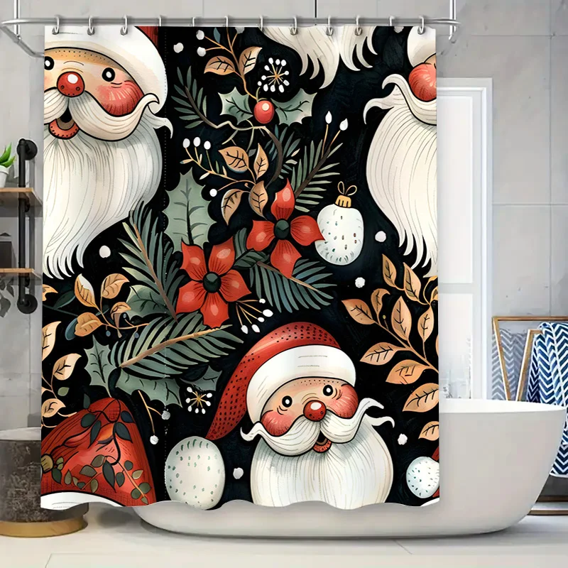 Xmas Santa Claus Shower Curtain Festive Christmas Decor with Floral Patterns for Bathroom Black Red Color Combination 72 x 84 in