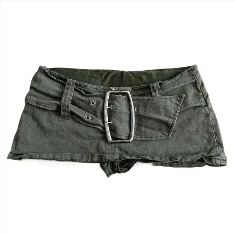 กระโปรงยีนส์สั้นเอวต่ำสีเขียวทหารสไตล์วินเทจ ผู้หญิง Y2K ฮาราจูกุ กอธิค เซ็กซี่ สไตล์สไปซ์เกิร์ล แฟชั่นสตรีทแวร์