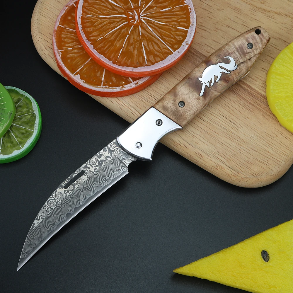 XUANFENG Damascus Steel Outdoor Folding Knife, Sharp Fruit Knife VG10 Camping Hunting Multifunctional Bending Knife