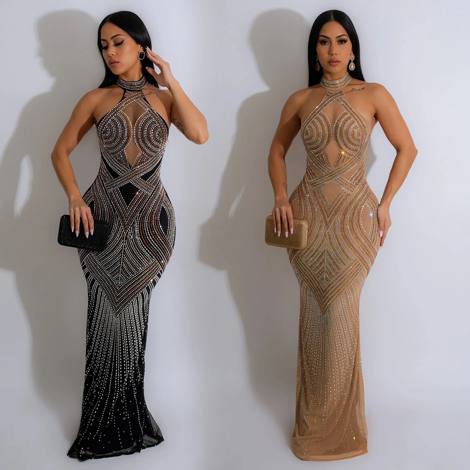 

Fashion women's clothing solid color mesh diamond neck dress dresses sexy intellectual temperament elegant hot sale new women